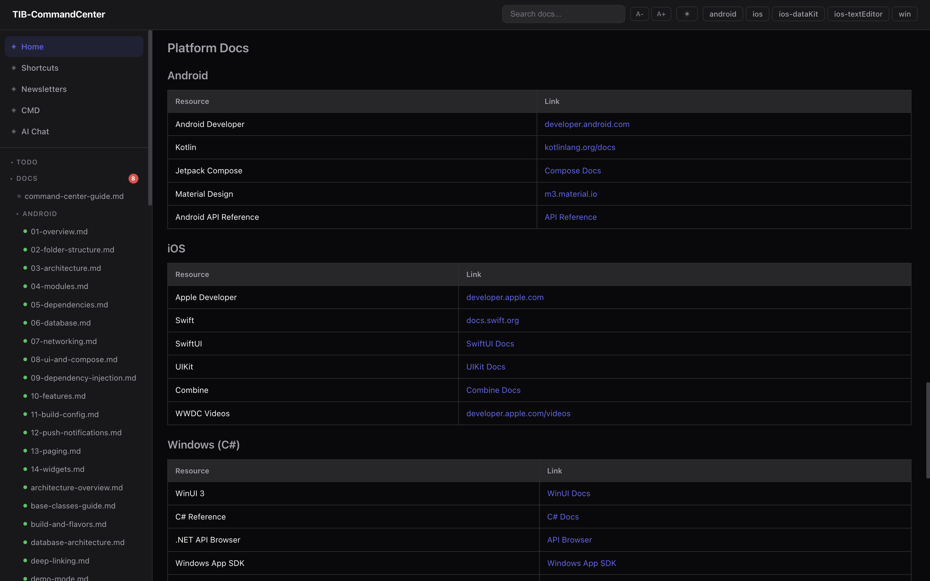 Quick links panel — one-click access to docs, scripts, and frequently used paths across all projects.