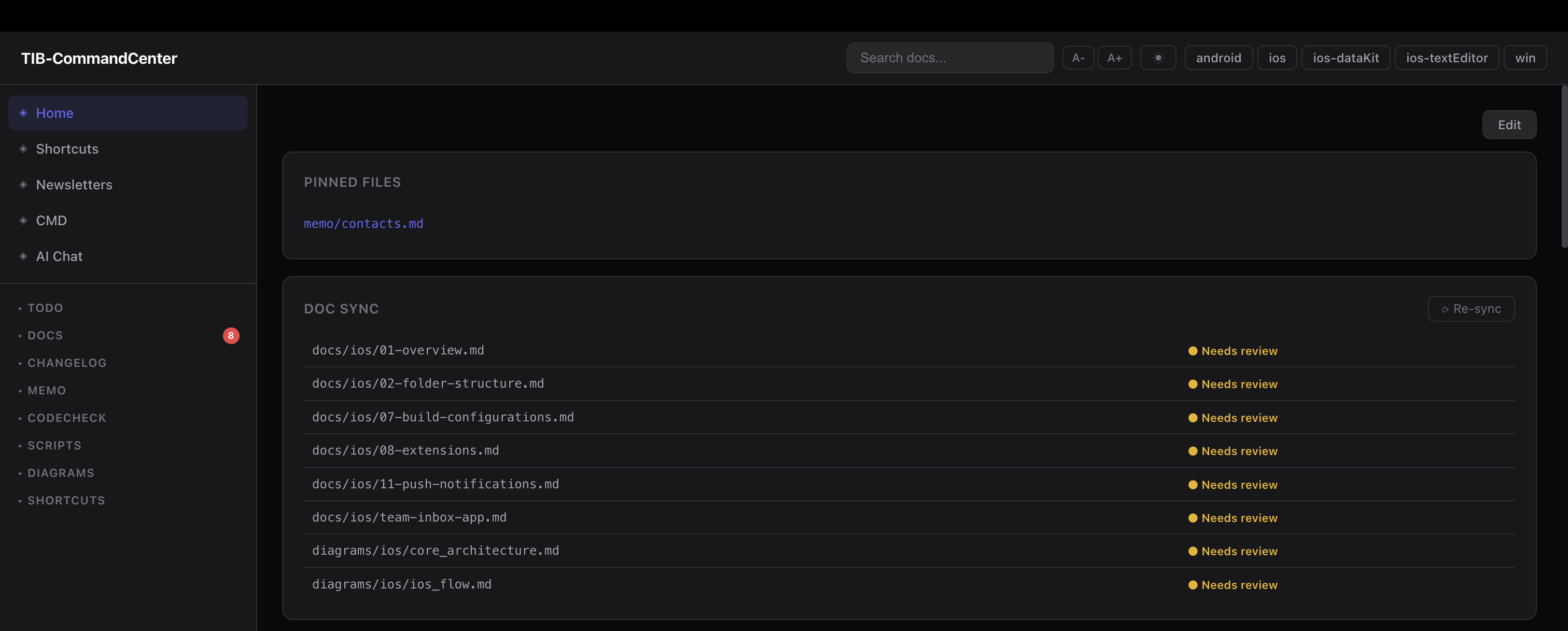 The Command Center home — one browser tab with everything: repo status, today&rsquo;s focus, quick links, and doc sync state.