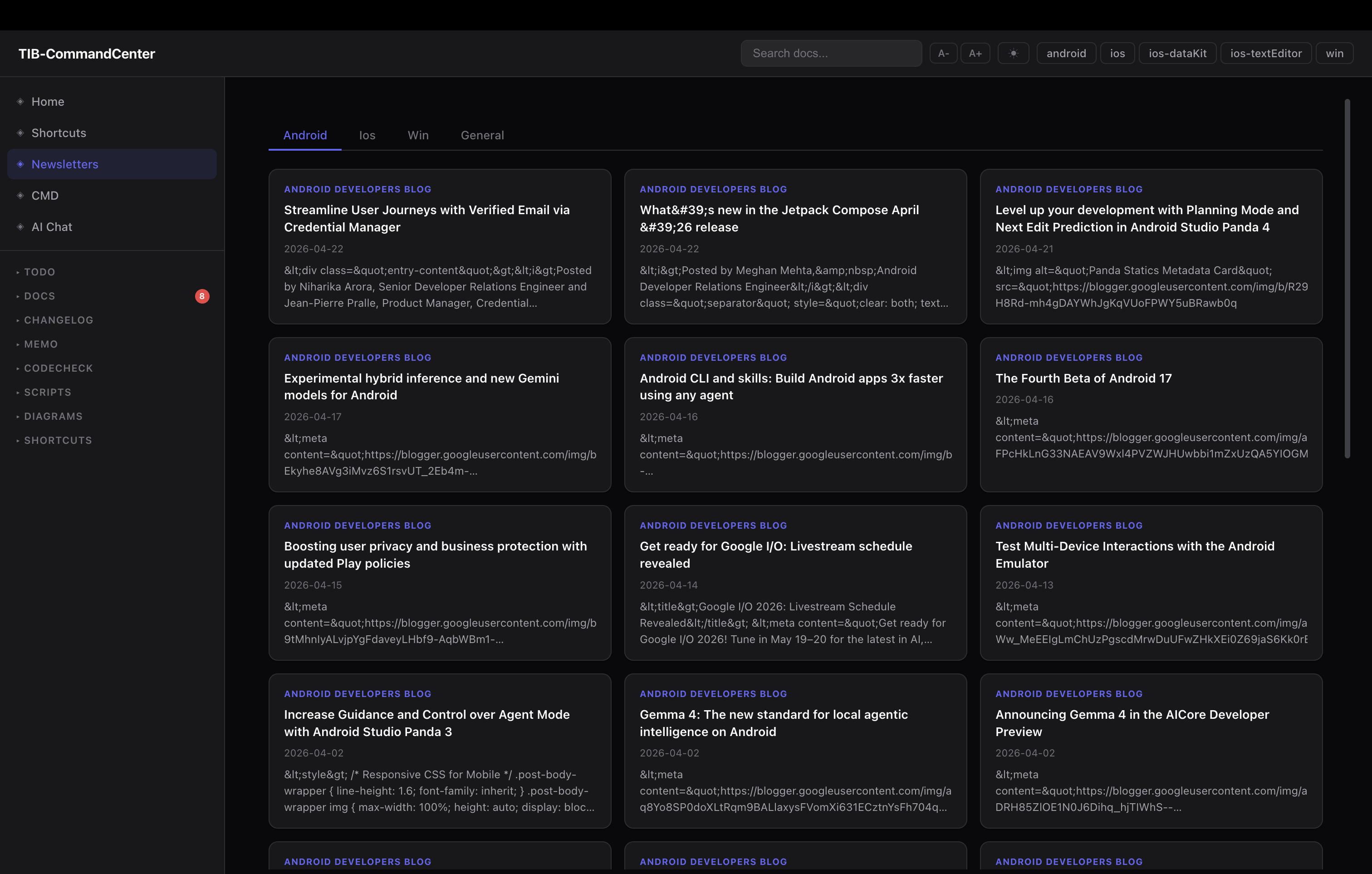 RSS feeds grouped by platform — no algorithm, no app, just the dev blogs and release channels you actually want to follow.