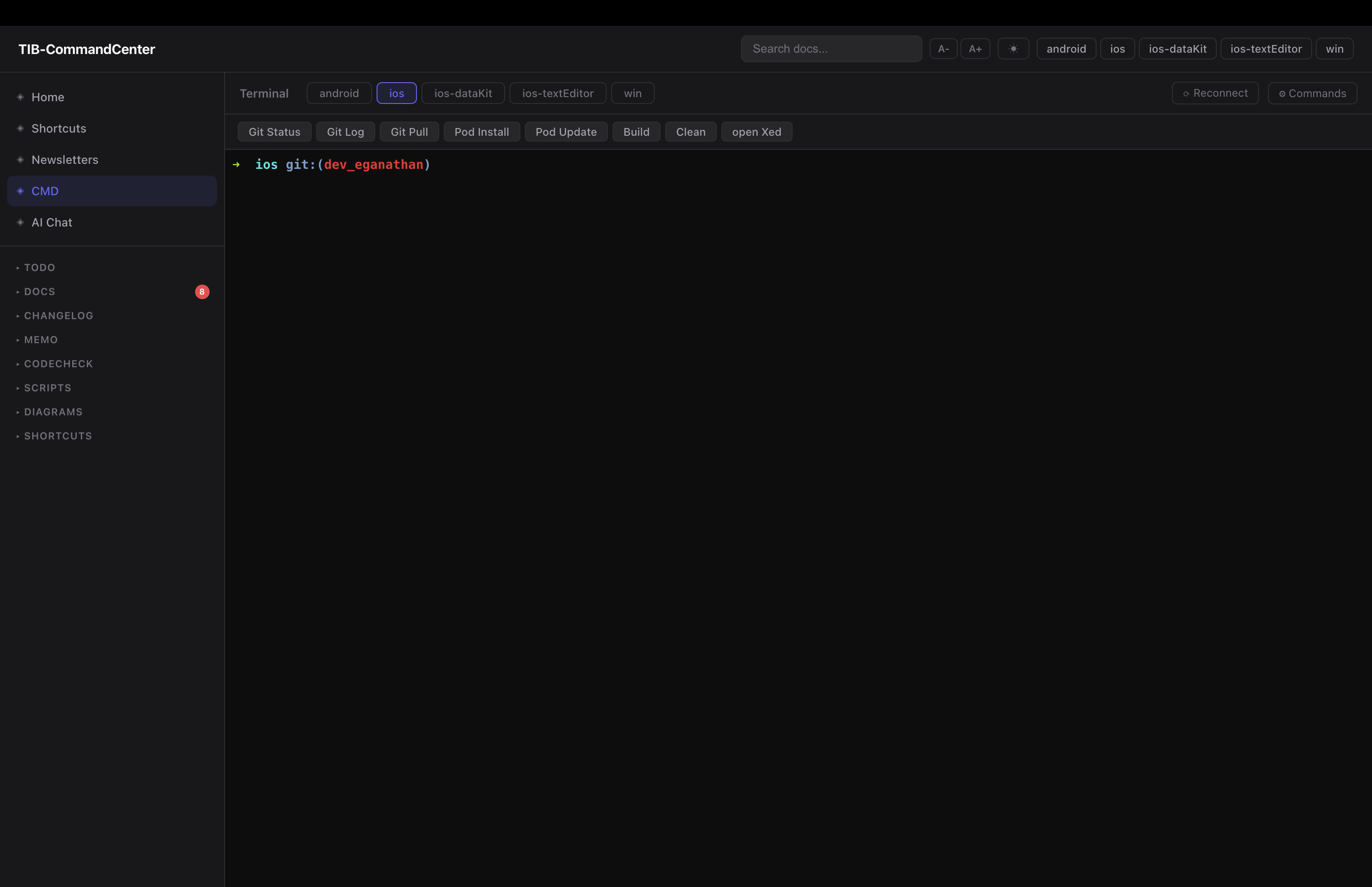 Embedded terminal with per-project tabs — each one opens a PTY in that project&rsquo;s directory. Quick-command buttons above run the commands you&rsquo;d otherwise forget.